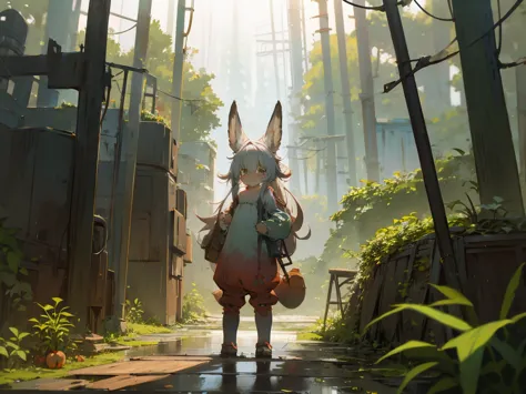 nanachi in chernobyl zone, standing, autumn, rainy,