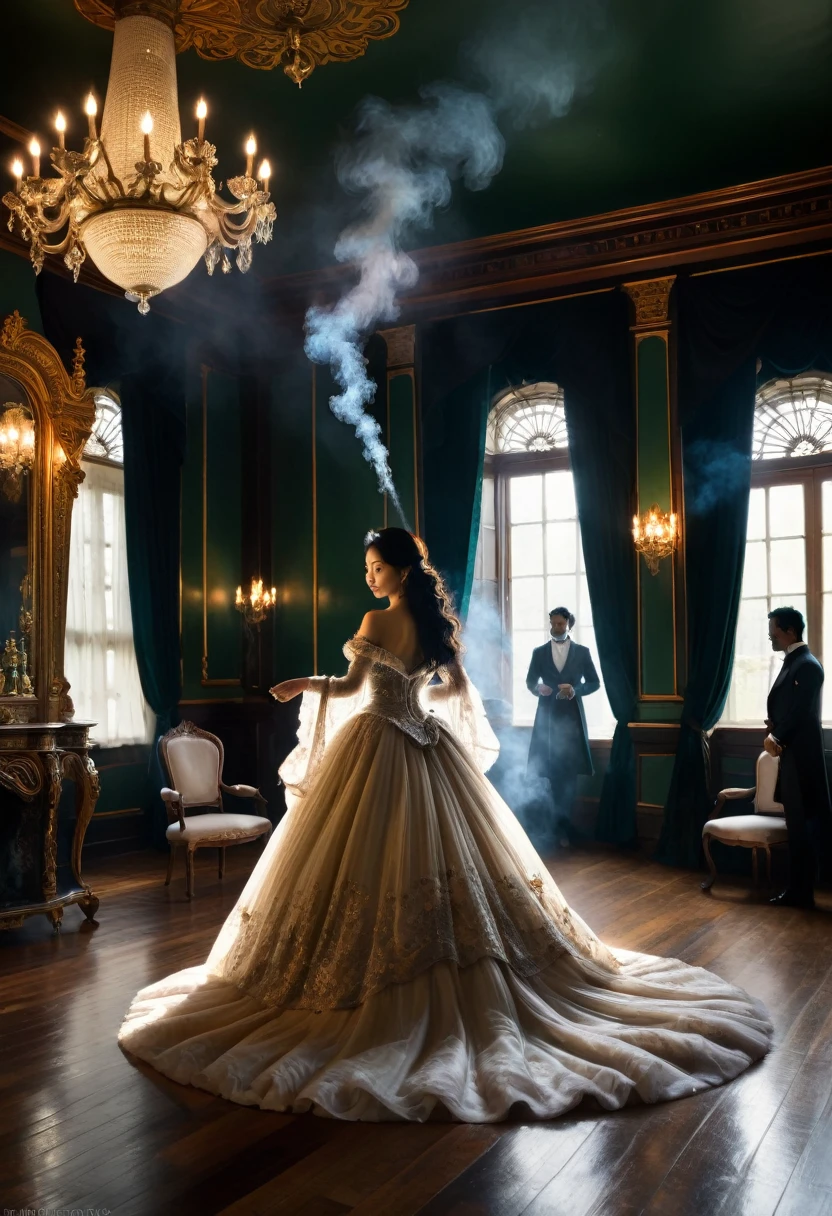 A group of victorian gentlemen in silhouette with their backs to the viewer watching woman on a well lit stage dancing. (the woman is half-asian, asian-european, with black wavy hair). The anonymous gentlemen are smoking, layers of smoke are visible in the dimly lit victorian room. The room is lavishly decorated with sumptuous furnishings like a royal manor. The room has the opulent trappings of a Victorian parlor. Inspired by Pre-Raphaelite art, the woman's form is ethereal and romantic, with flowing locks and delicate features that evoke the beauty of a bygone era. An audience of gentlemen smoking watching her their attention fixated on her beauty. Her elegant gown lies on the floor, ripped open, she dances on the well lit stage with a chandelier,  revealing her breasts and navel, gothic romantic style, with lots of gothic details