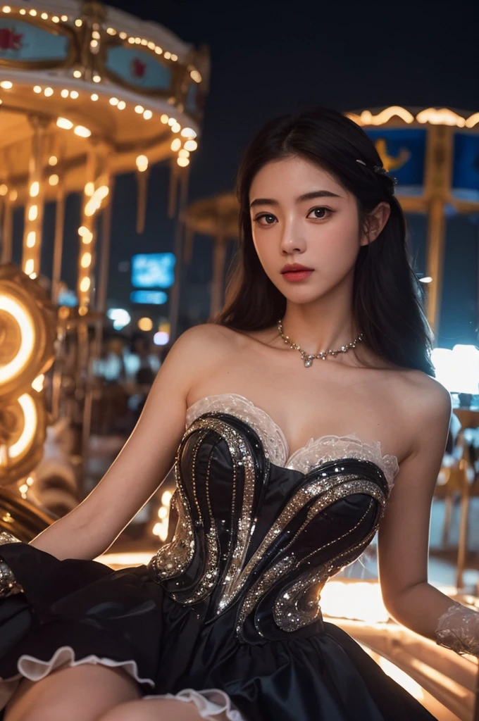 (8k, RAW photo, best quality, masterpiece:1.2), (realistic, photo-realistic:1.37) , 1girl, (carousel, night), miaoxiaoji(secret_tea), detailed face, detailed eyes, black dress