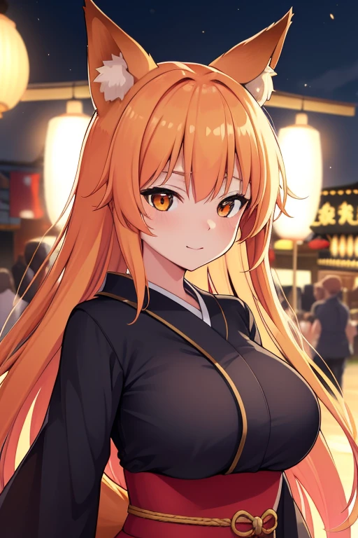 animal earsの綿毛, animal ears, fox ears, fox girl, Fox Tailpussy, golden hair, Tailpussy, kimono, ((breasts big:1.1)),laughter, cheeks turn red,  natta, ((City Summer Festival)), 
gazing at viewer, highest quallity, high resolution, unity wallpaper 8k, perfect lighting,portrait of upper body