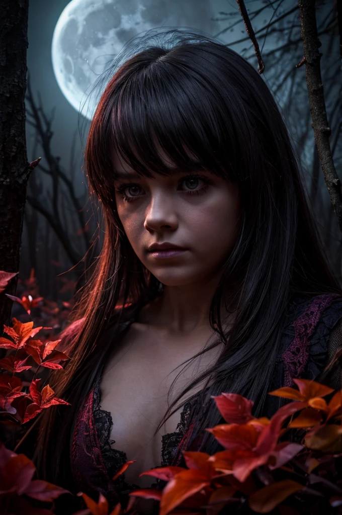 A demonic doll, dead trees, mauve and gold flowers, gloomy atmosphere, electric moon, (best quality,4k,8k,highres,masterpiece:1.2),ultra-detailed,(realistic,photorealistic,photo-realistic:1.37),HDR,UHD,studio lighting,ultra-fine painting,sharp focus,physically-based rendering,extreme detail description,professional,vivid colors,bokeh,horror,dark fantasy,dramatic lighting,moody colors,occult,surreal