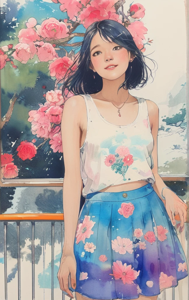 8K,​masterpiece,top-quality, (From below:1.6) ,Dynamic Pose,30 years old 1 girl, Holding a large bouquet,Portrait, Floral, watercolor sketch, light, Long hair, ssmile, watercolor paiting \(Medium\),watercolor paiting,Plain tank top,Plain light blue sweater,long  skirt、Sketch of transparent manga girl drawn with neon purple pink lines, sitting at bus stop, countryside scenery, summer day, blend of 3D photography and 2D line art, nostalgic atmosphere.