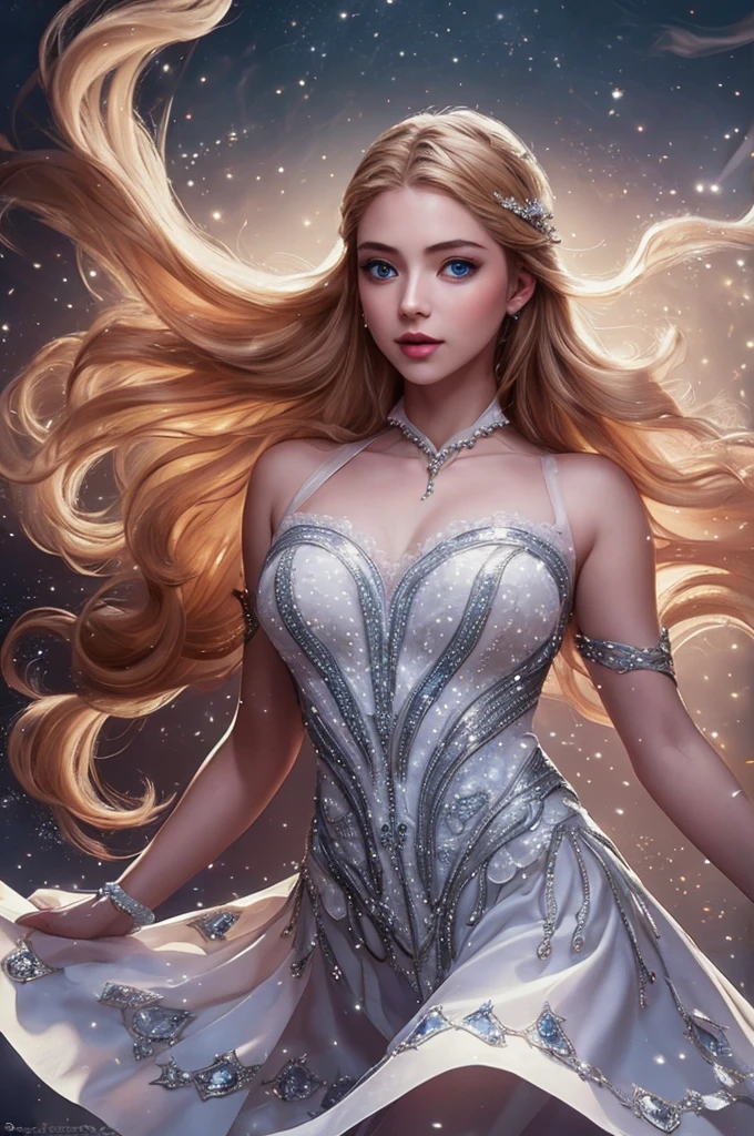 una hermosa joven, Odette de Mobile Legends, Elegante bailarina de ballet, Vestido blanco largo y fluido, poses elegantes, encantadores ojos azules, rasgos faciales delicados, cabello plateado que fluye, expresión serena, alas cristalinas brillantes, Ambiente etéreo y mágico, fondo de fantasía intrincado, luces brillantes, colores pastel suaves, iluminación cinematográfica, muy detallado, Fotorrealista, 8K, obra maestra