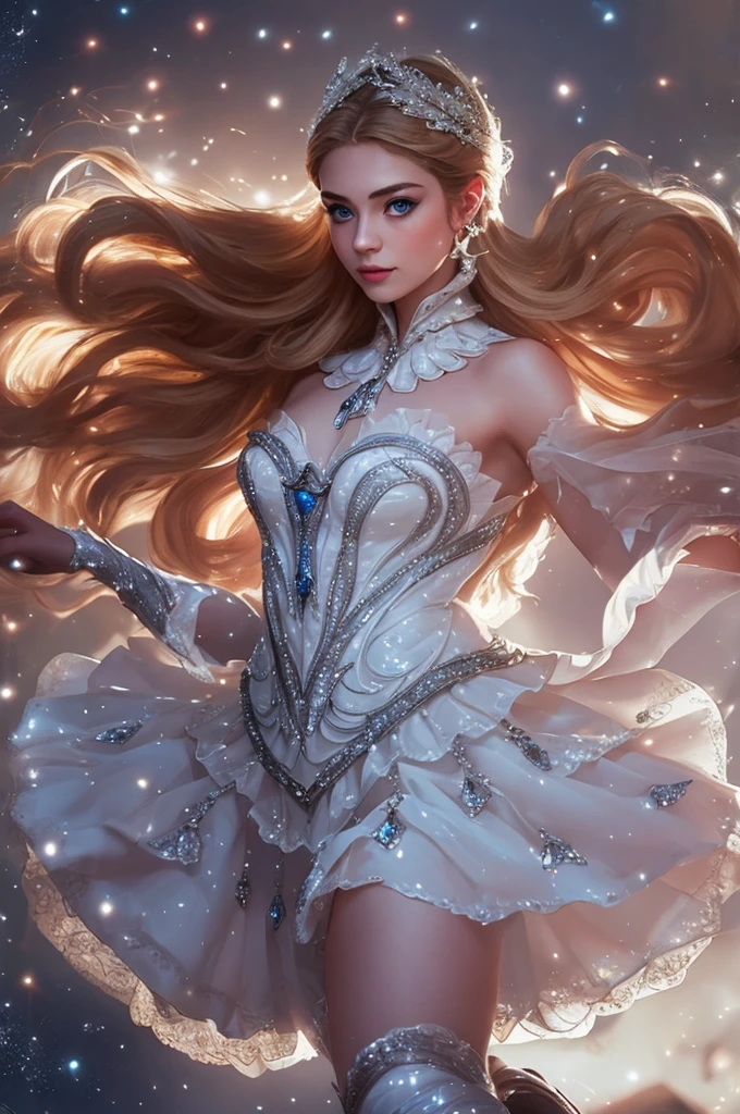 una hermosa joven, Odette de Mobile Legends, Elegante bailarina de ballet, Vestido blanco largo y fluido, poses elegantes, encantadores ojos azules, rasgos faciales delicados, cabello plateado que fluye, expresión serena, alas cristalinas brillantes, Ambiente etéreo y mágico, fondo de fantasía intrincado, luces brillantes, colores pastel suaves, iluminación cinematográfica, muy detallado, Fotorrealista, 8K, obra maestra