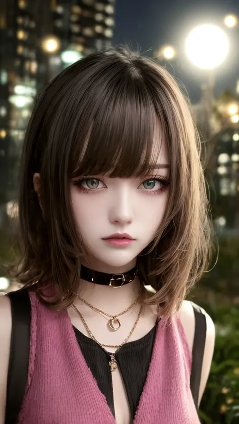 close-up, 1women, short messy hair, dark hair, pink eyes, vest, choker, nighttime, night, city garden, twilight atmosfer