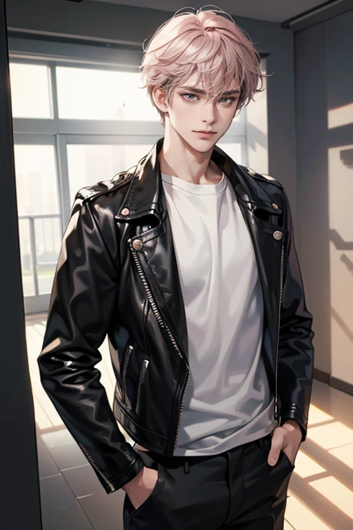 (tmasterpiece, high resolution, ultra - detailed:1.0), (1 boy, Young male, masculine face), Perfect male body, Adult male, Delicate eyes and delicate face, Extremely detailed CG, Unity 8k wallpaper, Complicated details, Detailed face, (short grey pink hair, messy hair, serious faces, white T-shirt,Bad students), (frown, smile in love:1.3), hand in pocket, school corridor,black leather jacket, color difference, Depth of field, dramatic shadow, Ray tracing, Best quality, Cinematic lighting, offcial art,Portrait