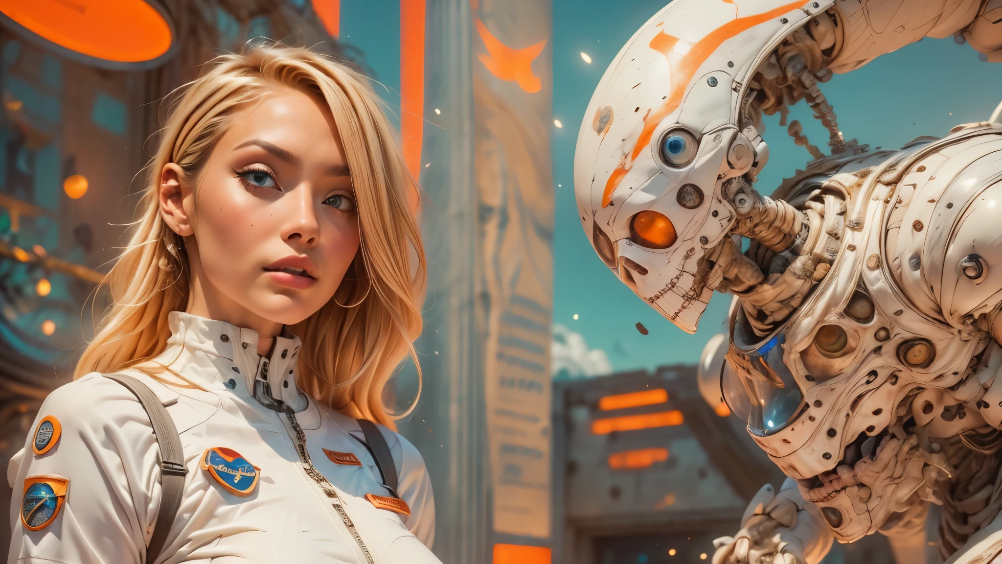 arafed image of a white woman in a futuristic suit with a spaceship in the background, movie art, in front of an orange background, inspired by Robert McGinnis, female protagonist, megastructure in the background, portrait of an ai astronaut, astronauts, an astronaut, portrait of a astronaut skeletor, perfect android girl, Highly Detailed Face and Skin Texture, Detailed Eyes, Double eyelids, perfectly detailed teeth, frank franzzeta and sakimichan  