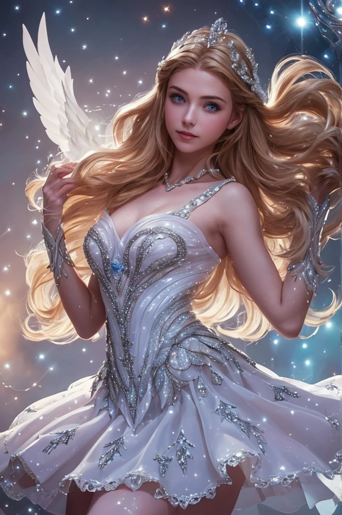 une belle jeune femme, Odette de Mobile Legends, danseuse de ballet élégante, longue robe blanche fluide, poses gracieuses, yeux bleus enchanteurs, traits délicats du visage, Cheveux argentés flottants, expression sereine, ailes cristallines brillantes, ambiance éthérée et magique, fond fantastique complexe, lumières chatoyantes, couleurs pastel douces, Éclairage cinématographique, très détaillé, Photoréaliste, 8k, chef-d&#39;œuvre