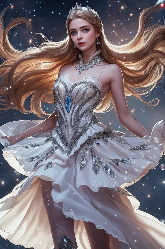 una hermosa joven, Odette de Mobile Legends, Elegante bailarina de ballet, Vestido blanco largo y fluido, poses elegantes, encantadores ojos azules, rasgos faciales delicados, cabello plateado que fluye, expresión serena, alas cristalinas brillantes, Ambiente etéreo y mágico, fondo de fantasía intrincado, luces brillantes, colores pastel suaves, iluminación cinematográfica, muy detallado, Fotorrealista, 8K, obra maestra