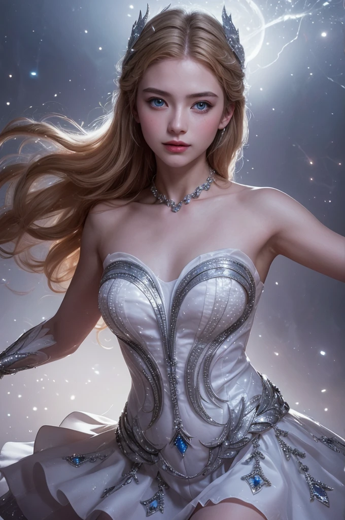 une belle jeune femme, Odette de Mobile Legends, danseuse de ballet élégante, longue robe blanche fluide, poses gracieuses, yeux bleus enchanteurs, traits délicats du visage, Cheveux argentés flottants, expression sereine, ailes cristallines brillantes, ambiance éthérée et magique, fond fantastique complexe, lumières chatoyantes, couleurs pastel douces, Éclairage cinématographique, très détaillé, Photoréaliste, 8k, chef-d&#39;œuvre