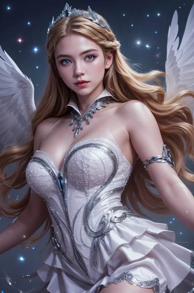 una hermosa joven, Odette de Mobile Legends, Elegante bailarina de ballet, Vestido blanco largo y fluido, poses elegantes, encantadores ojos azules, rasgos faciales delicados, cabello plateado que fluye, expresión serena, alas cristalinas brillantes, Ambiente etéreo y mágico, fondo de fantasía intrincado, luces brillantes, colores pastel suaves, iluminación cinematográfica, muy detallado, Fotorrealista, 8K, obra maestra