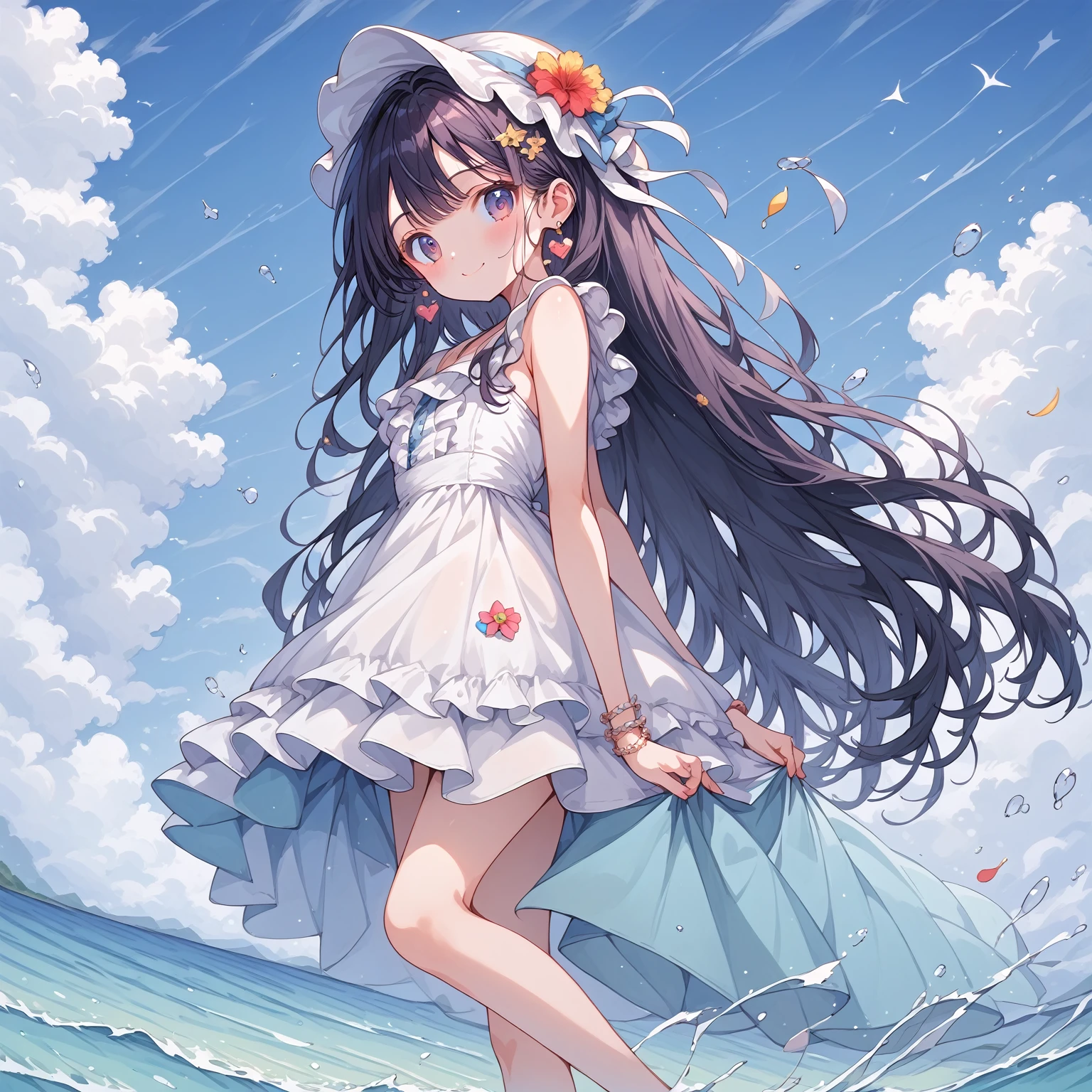 score_9, score_8_up, score_7_up, source_anime,masterpiece, best quality, high resolution, extremely detailed CG, absurdres, highres, 1girl, solo, cowboy shot,cute face, :D, summer beach background, frills,neondskdrmsxl,babycreamxl, (((((vivid color)))))