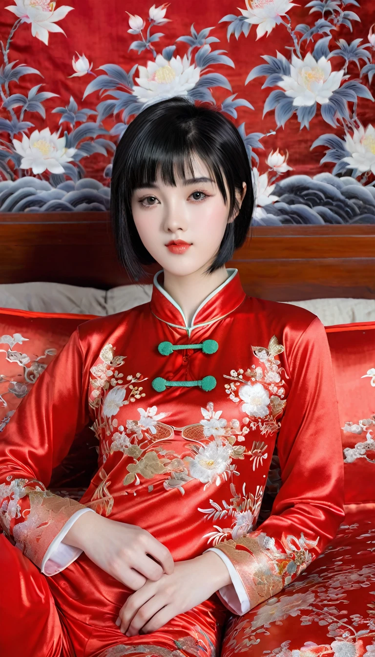 Beautiful 15 year old Chinese Kung Fu girl princess with short black hair　Gorgeous embroidery, Ultra glossy, She is wearing shiny red long sleeve floral pajamas....　She is made to lie on a red enamel futon, with the futon over her upper body, her legs spread and her vagina examined.