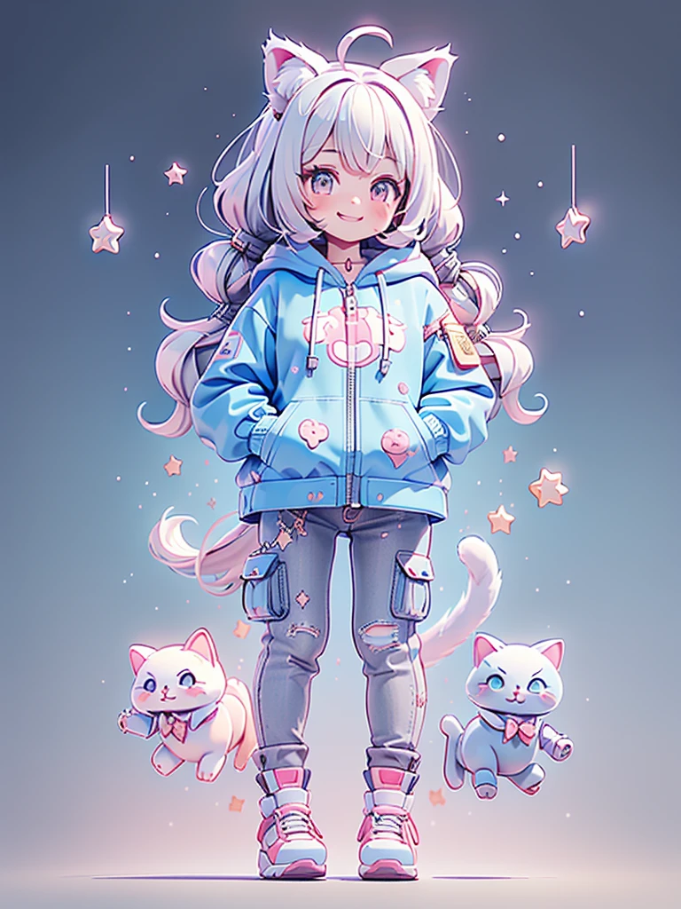 ((Highest quality，masterpiece，Extremely complex and exquisite details，A girl with gray and blue cat ears and long hair is in the center，Gray blue super long straight hair，Curly hair at the ends，Sparse air bangs，Gray and pink T-shirt，Denim hooded cropped jacket，Black and gray long cargo pants，Standing on a super cute cat))，(pink and white sneakers，Smile slightly，Surrounded by tons of cute short-legged cats，Correct anatomy)，Super Q super cute full body painting，Starry sky background vertical painting space scene