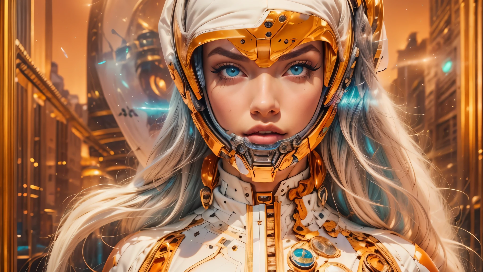 arafed image of a white woman in a futuristic suit with a spaceship in the background, movie art, in front of an orange background, inspired by Robert McGinnis, female protagonist, megastructure in the background, portrait of an ai astronaut, astronauts, an astronaut, portrait of a astronaut skeletor, perfect android girl, Highly Detailed Face and Skin Texture, Detailed Eyes, Double eyelids, perfectly detailed teeth, frank franzzeta and sakimichan  