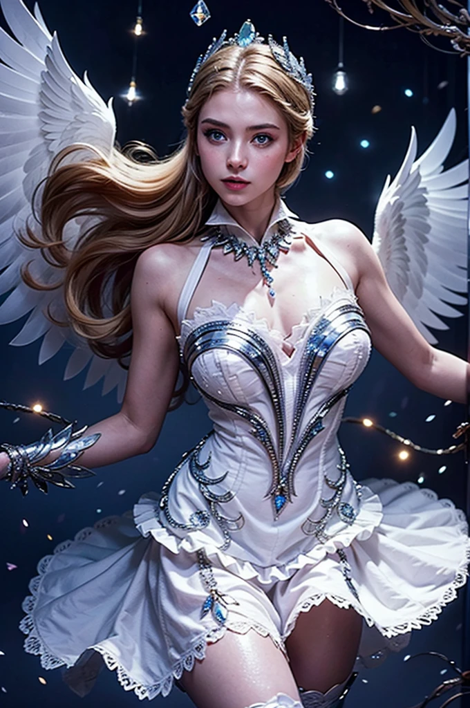 uma bela jovem, Odette de Mobile Legends, dançarina de balé elegante, vestido branco longo e esvoaçante, poses graciosas, encantadores olhos azuis, Características faciais delicadas, cabelo prateado esvoaçante, expressão serena, asas cristalinas brilhantes, atmosfera etérea e mágica, fundo de fantasia intrincado, Luzes cintilantes, cores pastéis suaves, iluminação cinematográfica, Altamente detalhado, fotorrealista, 8K, obra de arte