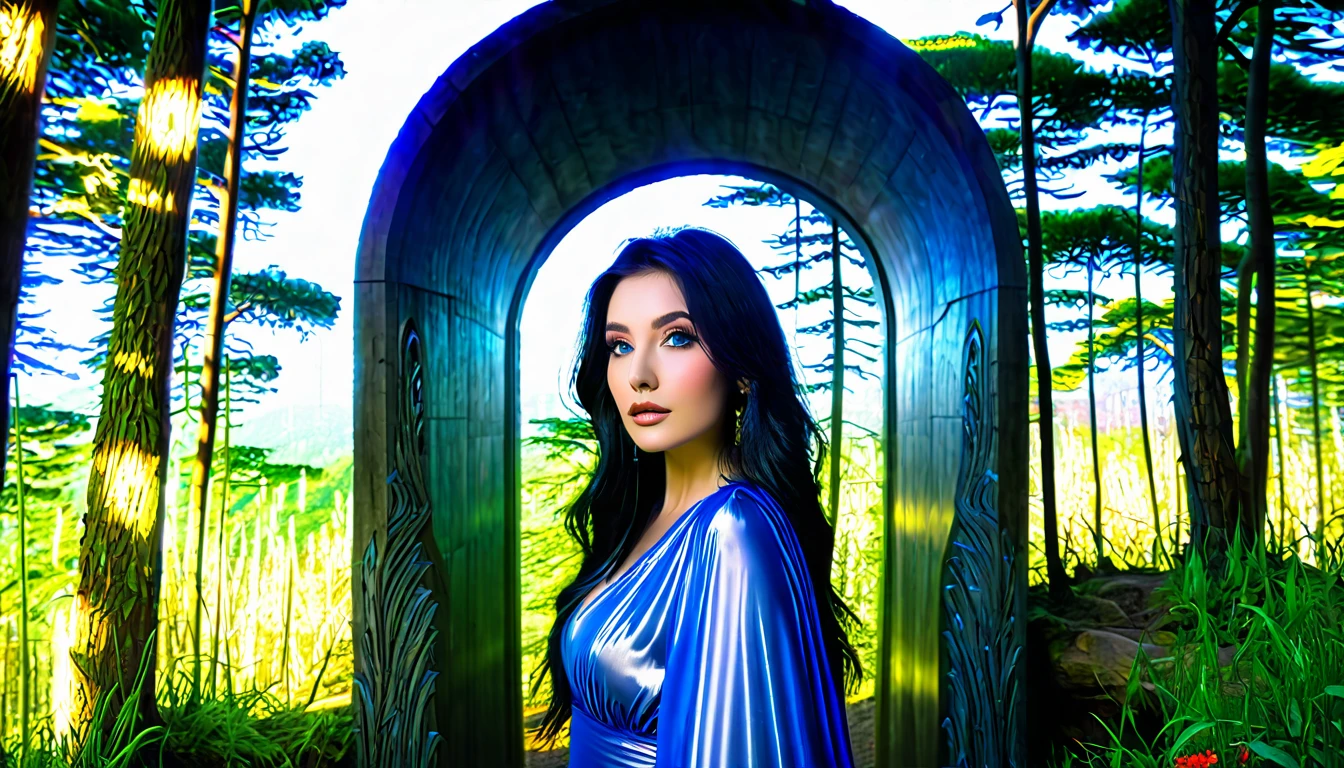 hdr, best image, MYSTIC FOREST, BIG, THICK AND TALL TREES, CLEAR DAY, A WOMAN 22 YEARS OLD, VERY BEAUTIFUL EUROPEAN, AMERICAN, LONG BLACK HAIR, BLUE EYES, BLUE LATEX DRESS, CLOSE UP VIEW, LOOKING AT THE PORTAL A PASSAGEWAY TO ANOTHER WORLD, BIG AND TALL WHITE IVORY ARCH, WITH 24 KILATE GOLD, , THROUGH THE MYSTIC PORTAL LIGHTS OF A MYSTIC CITY, , COLORFUL FLOWERS, GRASS, photo