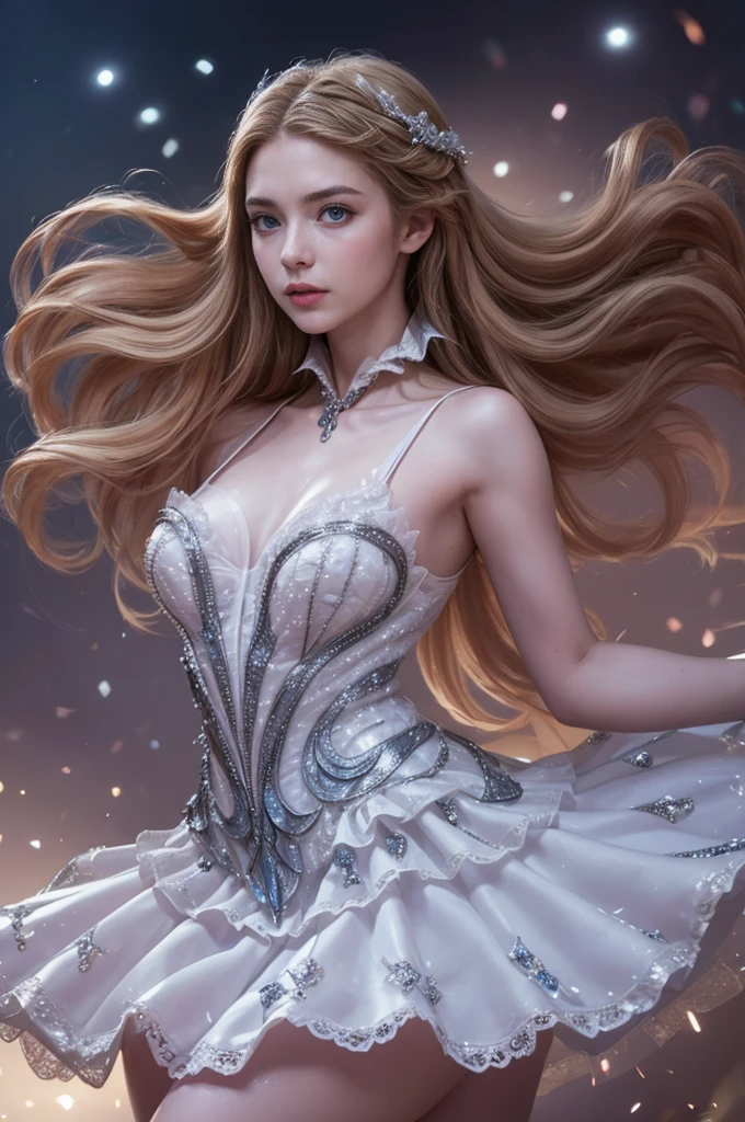 una hermosa joven, Odette de Mobile Legends, Elegante bailarina de ballet, Vestido blanco largo y fluido, poses elegantes, encantadores ojos azules, rasgos faciales delicados, cabello plateado que fluye, expresión serena, alas cristalinas brillantes, Ambiente etéreo y mágico, fondo de fantasía intrincado, luces brillantes, colores pastel suaves, iluminación cinematográfica, muy detallado, Fotorrealista, 8K, obra maestra