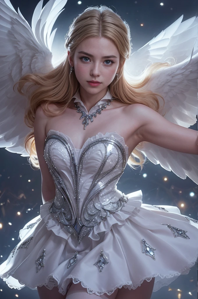 una hermosa joven, Odette de Mobile Legends, Elegante bailarina de ballet, Vestido blanco largo y fluido, poses elegantes, encantadores ojos azules, rasgos faciales delicados, cabello plateado que fluye, expresión serena, alas cristalinas brillantes, Ambiente etéreo y mágico, fondo de fantasía intrincado, luces brillantes, colores pastel suaves, iluminación cinematográfica, muy detallado, Fotorrealista, 8K, obra maestra