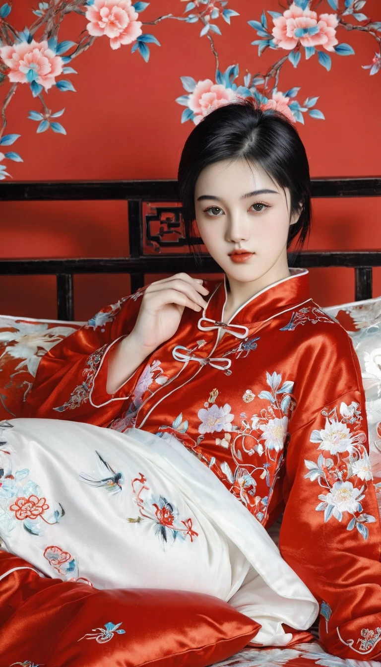 Beautiful 15 year old Chinese Kung Fu girl princess with short black hair　Gorgeous embroidery, Ultra glossy, She is wearing shiny red long sleeve floral pajamas....　She is made to lie on a red enamel futon, with the futon over her upper body, her legs spread and her vagina examined.