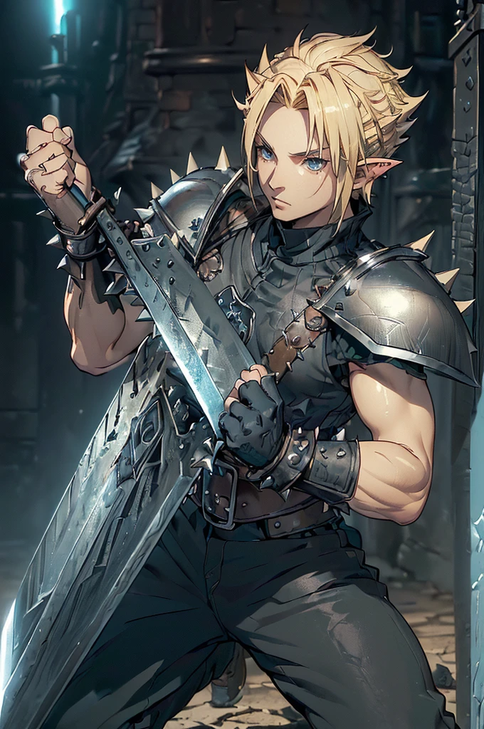 (((Masterpiece of the highest quality.))), (((medieval fantasy))), (((Extreme details))), ((medieval fantasy swordsman)), ((based on cloud strife)), (medieval punk), ((fantasy great sword)) (((ultra detailed))), (((male))), ((Alone)) ((male elf)), ((A 25 year old elf.))), (175 cm tall), ((blonde hair with spikes)), ((short spiky hair)), ((Brown eyes)), ((Exquisite and detailed face)), ((detailed expressive eyes)), ((standing)), ((Perfect eyes)), ((perfect your hands)), ((euphoric expression)), ((medieval half steel half black letter armor)), ((holding a huge greatsword in his right hand)), ((detailed great sword)), (((4k))), ((Additional quality)), (Additional details), ((exquisite eyes)), ((standing battle stance)), ((Background of the battle)), ((cinematic lighting)), (((full body character))), ((extreme care to detail)), ((movie effects)), (war zone background)