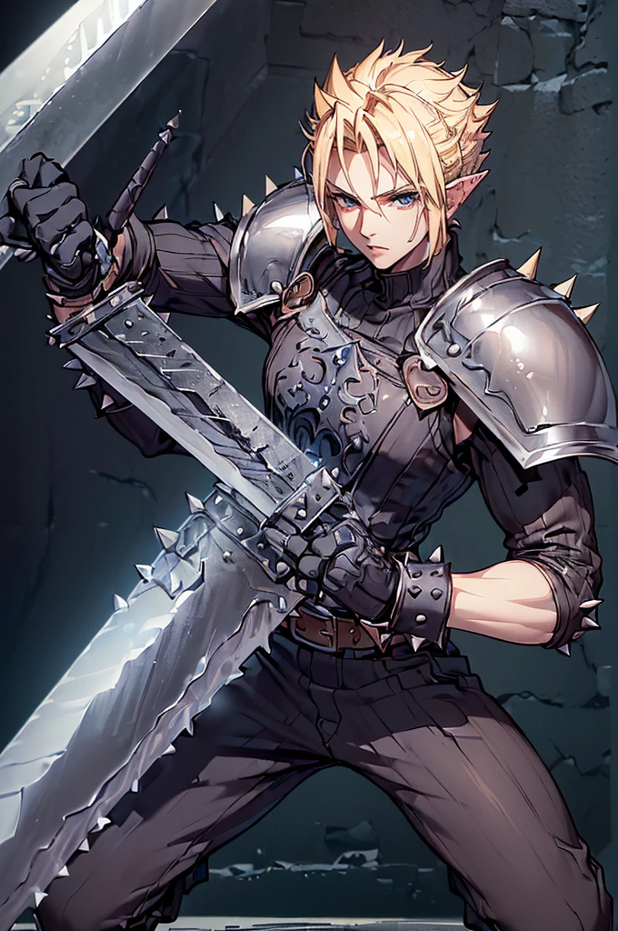 (((Masterpiece of the highest quality.))), (((medieval fantasy))), (((Extreme details))), ((medieval fantasy swordsman)), ((based on cloud strife)), (medieval punk), ((fantasy great sword)) (((ultra detailed))), (((male))), ((Alone)) ((male elf)), ((A 25 year old elf.))), (175 cm tall), ((blonde hair with spikes)), ((short spiky hair)), ((Brown eyes)), ((Exquisite and detailed face)), ((detailed expressive eyes)), ((standing)), ((Perfect eyes)), ((perfect your hands)), ((euphoric expression)), ((medieval half steel half black letter armor)), ((holding a huge greatsword in his right hand)), ((detailed great sword)), (((4k))), ((Additional quality)), (Additional details), ((exquisite eyes)), ((standing battle stance)), ((Background of the battle)), ((cinematic lighting)), (((full body character))), ((extreme care to detail)), ((movie effects)), (war zone background)