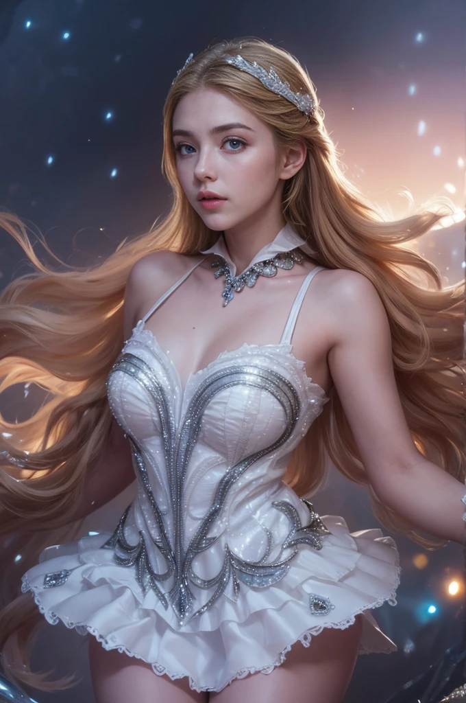 une belle jeune femme, Odette de Mobile Legends, danseuse de ballet élégante, longue robe blanche fluide, poses gracieuses, yeux bleus enchanteurs, traits délicats du visage, Cheveux argentés flottants, expression sereine, ailes cristallines brillantes, ambiance éthérée et magique, fond fantastique complexe, lumières chatoyantes, couleurs pastel douces, Éclairage cinématographique, très détaillé, Photoréaliste, 8k, chef-d&#39;œuvre