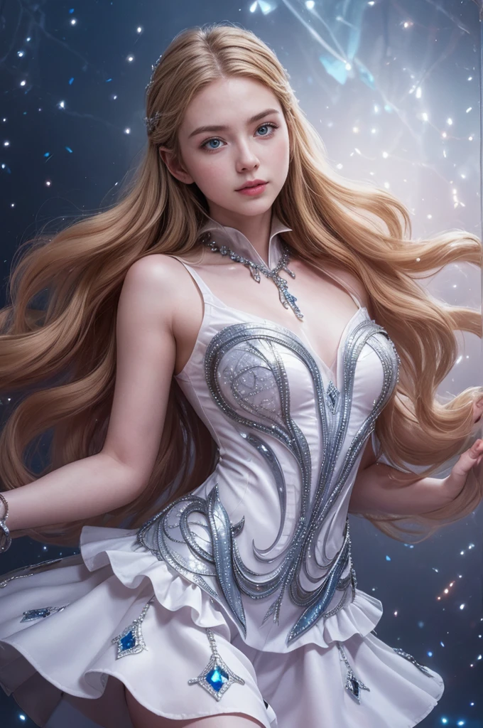 una hermosa joven, Odette de Mobile Legends, Elegante bailarina de ballet, Vestido blanco largo y fluido, poses elegantes, encantadores ojos azules, rasgos faciales delicados, cabello plateado que fluye, expresión serena, alas cristalinas brillantes, Ambiente etéreo y mágico, fondo de fantasía intrincado, luces brillantes, colores pastel suaves, iluminación cinematográfica, muy detallado, Fotorrealista, 8K, obra maestra