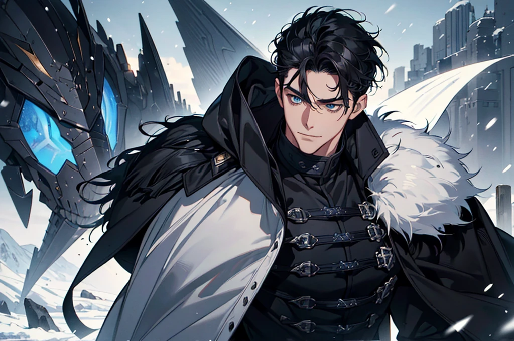 Masterpiece, Highest quality, Heavy snow, Cold Weather, realistic, 1 person, mature man, A quiet and charming young man, 30 years old, smile, gag, Portrait, Highly detailed face, 寒さとsmile, ((blue eyes)), ((black short hair)), [Thick eyebrows], battlefield, ((black long coat)), ((all black)), (blue eyes) ,Short Black Quiff Hair with Soft Fringe, handsome , muscle, Facial expressions, Black Knight Armor (Plain black armor) , black fur shawl(Masterpiece,best quality,special, (Broad shoulders)) (muscle), male focus, Hand Held Weapons (Crescent repeater),Lipo,Fang Tian Hua Ji, Face gigantic and terrifying monsters.. Describe the man&#39;s appearance., Details of his repeater, Characteristics and characteristics of monsters, and convey the tension and power of the encounter..