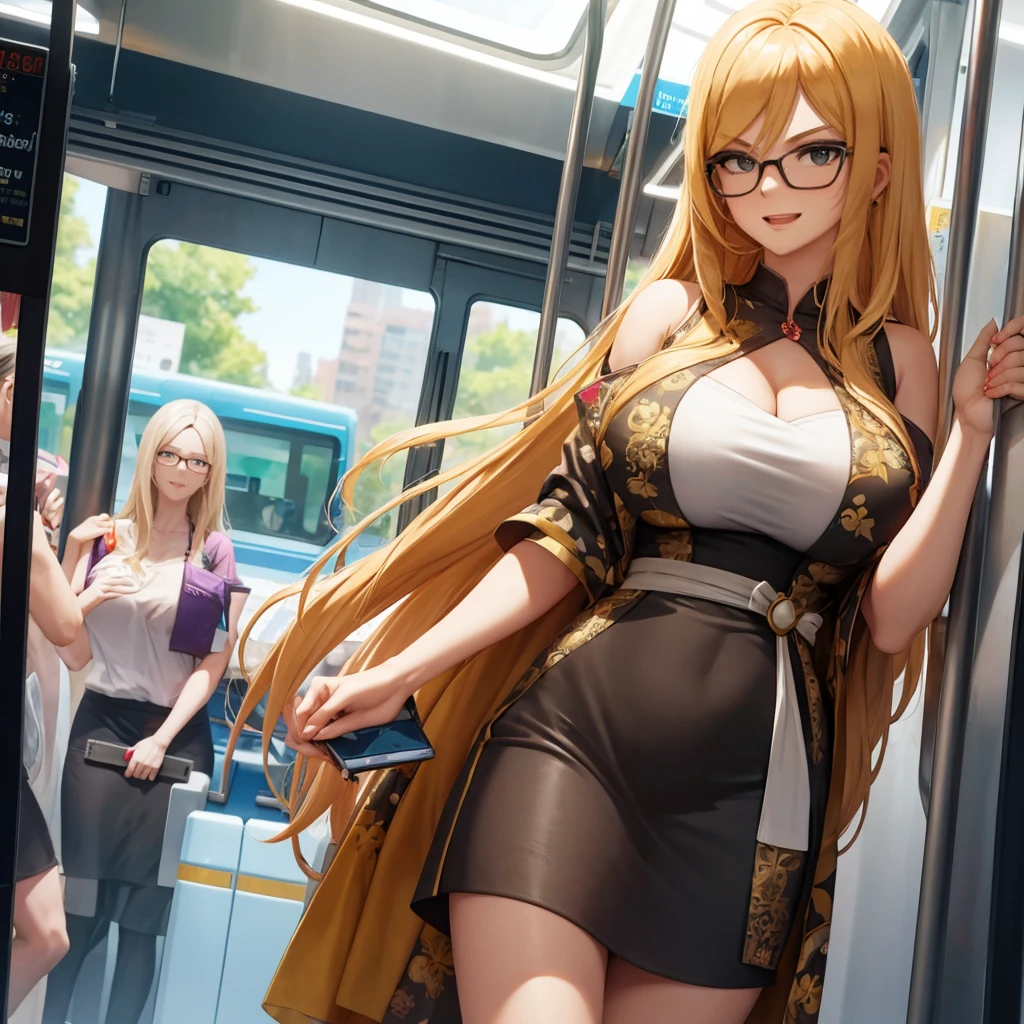 Your influencer character(sexy milf boobs) with long, blond hair, asian face cutting, travelling on a metro rail. She is dressed in a casual mannar dress with glasses and has a joyful expression on her face. colourful and bright colouring. 