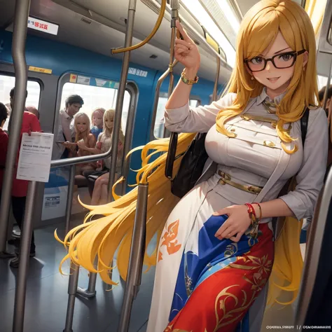 your influencer character(sexy milf boobs) with long, blond hair, asian face cutting, travelling on a metro rail. she is dressed...