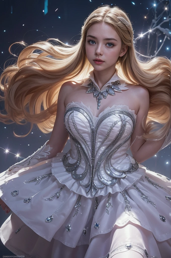 uma bela jovem, Odette de Mobile Legends, dançarina de balé elegante, vestido branco longo e esvoaçante, poses graciosas, encantadores olhos azuis, Características faciais delicadas, cabelo prateado esvoaçante, expressão serena, asas cristalinas brilhantes, atmosfera etérea e mágica, fundo de fantasia intrincado, Luzes cintilantes, cores pastéis suaves, iluminação cinematográfica, Altamente detalhado, fotorrealista, 8K, obra de arte