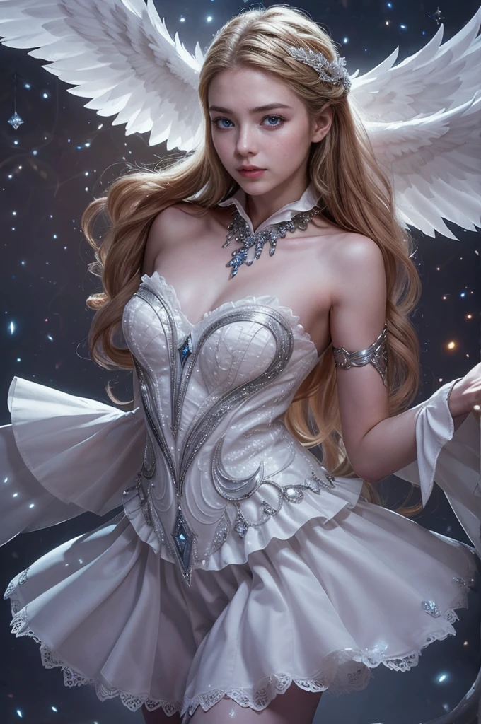 une belle jeune femme, Odette de Mobile Legends, danseuse de ballet élégante, longue robe blanche fluide, poses gracieuses, yeux bleus enchanteurs, traits délicats du visage, Cheveux argentés flottants, expression sereine, ailes cristallines brillantes, ambiance éthérée et magique, fond fantastique complexe, lumières chatoyantes, couleurs pastel douces, Éclairage cinématographique, très détaillé, Photoréaliste, 8k, chef-d&#39;œuvre