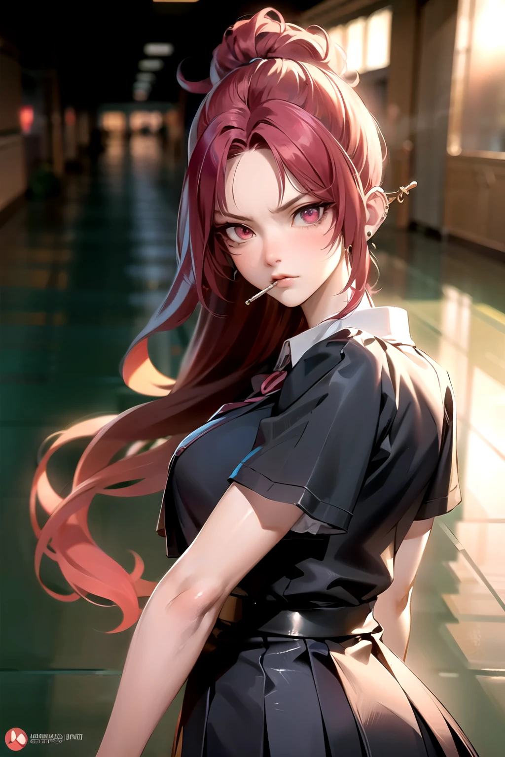 ((best quality)), ((Masterpiece)), (details:1.4), 3d, bad student, mean woman, Most popular woman, stare, angry, Smoking, challenge, Ear piercing, high school girl , red hair, long hair, Shiny skin,  fine hair, ใบหน้าที่มีdetails, (beautiful scenery), school hallway, at night,