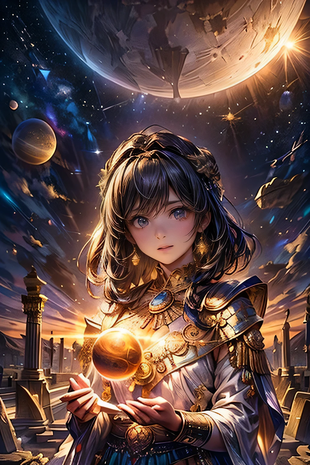 A beautiful young astrologist girl in ancient Babylonia, performing celestial divination to determine the fortune and fate of the royal family, detailed depiction of the sun, moon, planets and asteroids, intricate astrological symbols and celestial patterns, dramatic lighting, cinematic composition, vibrant colors, digital art, concept art, masterpiece, 8k, high quality, photorealistic