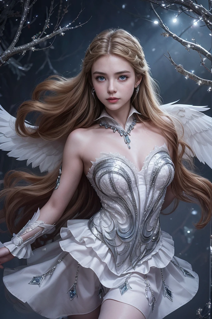 una hermosa joven, Odette de Mobile Legends, Elegante bailarina de ballet, Vestido blanco largo y fluido, poses elegantes, encantadores ojos azules, rasgos faciales delicados, cabello plateado que fluye, expresión serena, alas cristalinas brillantes, Ambiente etéreo y mágico, fondo de fantasía intrincado, luces brillantes, colores pastel suaves, iluminación cinematográfica, muy detallado, Fotorrealista, 8K, obra maestra