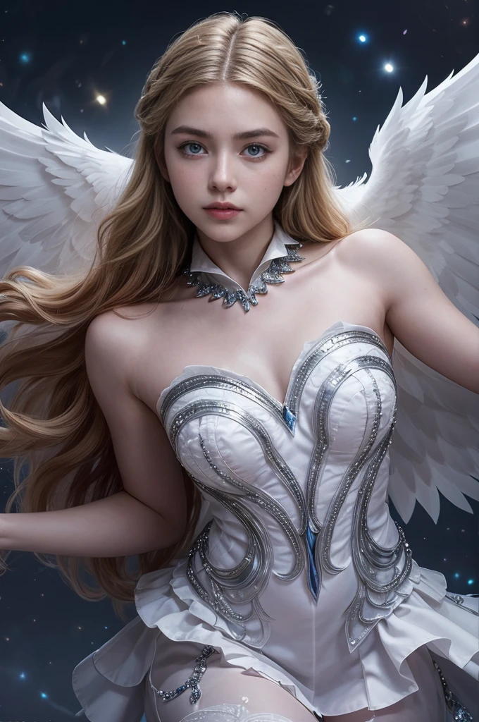 una hermosa joven, Odette de Mobile Legends, Elegante bailarina de ballet, Vestido blanco largo y fluido, poses elegantes, encantadores ojos azules, rasgos faciales delicados, cabello plateado que fluye, expresión serena, alas cristalinas brillantes, Ambiente etéreo y mágico, fondo de fantasía intrincado, luces brillantes, colores pastel suaves, iluminación cinematográfica, muy detallado, Fotorrealista, 8K, obra maestra