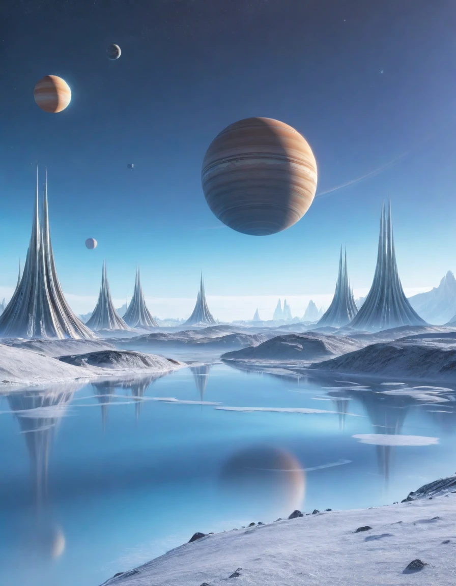 Paisagem alienígena com edifícios enormes em uma atmosfera fria, Prevendo o clima em exoplanetas. A cena é repleta de beleza de tirar o fôlego, Exibindo texturas ultra-realistas e iluminação impressionante. A foto vencedora, Capturada em 8k com uma Canon EOS R5, popular no ArtStation. Ambiente tranquilo，desabitado, Objetos flutuantes vibrantes brilhando no fundo， O céu etéreo acrescenta a este exoplaneta&#39;Sua beleza de outro mundo, Mostrando sua magnificência.