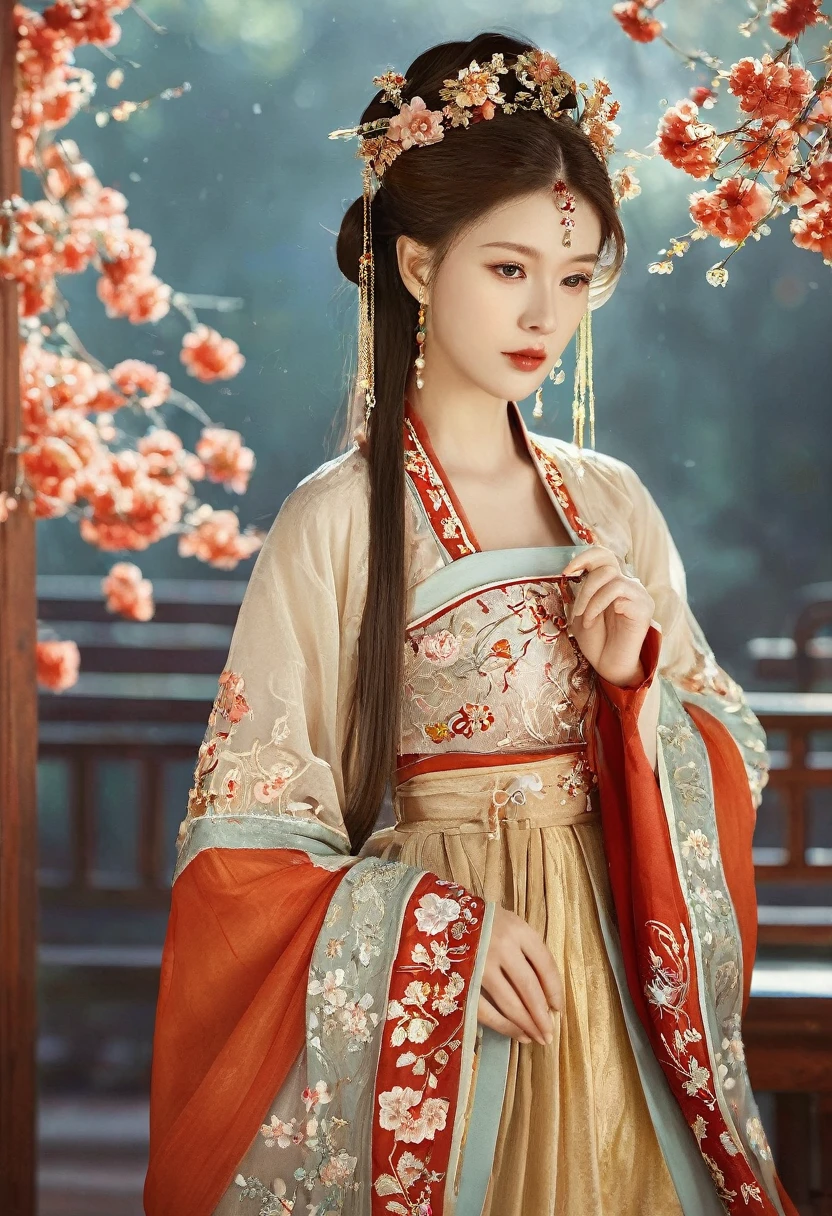 best quality,masterpiece,High resolution,(Delicate figure:1.5),Beautiful face,(Milky skin:1.3),Intricate details,High resolution,wallpaper,1 girl,alone,skirt,hair accessories,(((gold and red skirt))),Flowers,long hair,brown hair,Keep your mouth shut,jewelry,Long sleeve,Wide sleeves,big eyes,flowing hair,Chinese clothes,Hanfu,embroidery,long skirt,Natural posture,falling petals,indoor,Fan Ning,lantern,16K,high dynamic range,High resolution,Depth field,(film grain:1.1),This book,Prime Time,(lens flare),Vignette,rainbow,(Color grading:1.5),(Large Breasts:1.2),(Upper Body:1.3),looking at the audience,