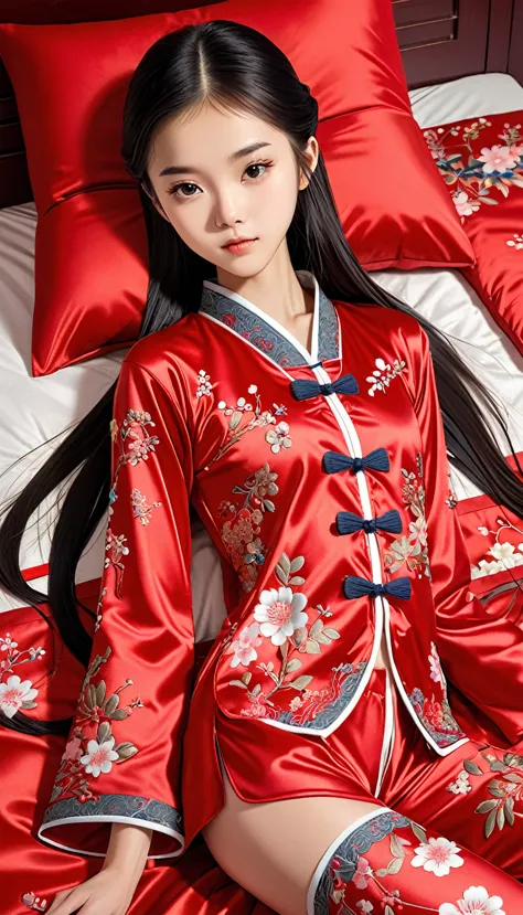 Beautiful 15 year old Chinese skinny kung fu girl princess with long black hair　Gorgeous embroidery, Ultra glossy, She is wearin...