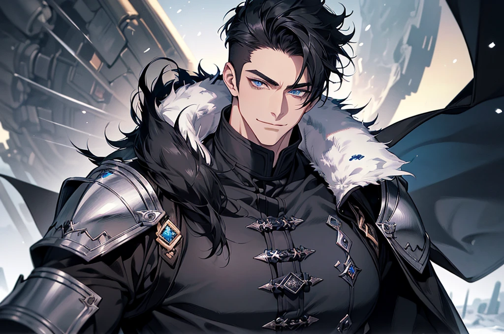 Masterpiece, Highest quality, Heavy snow, Cold Weather, realistic, 1 person, mature man, A quiet and charming young man, 30 years old, smile, gag, Portrait, Highly detailed face, 寒さとsmile, ((blue eyes)), ((black short hair)), [Thick eyebrows], battlefield, ((black long coat)), ((all black)), (blue eyes) ,Short Black Quiff Hair with Soft Fringe, handsome , muscle, Facial expressions, Black Knight Armor (Plain black armor) , black fur shawl(Masterpiece,best quality,special, (Broad shoulders)) (muscle), male focus, Hand Held Weapons (Crescent repeater),Lipo,Fang Tian Hua Ji, Face gigantic and terrifying monsters.. Describe the man&#39;s appearance., Details of his repeater, Characteristics and characteristics of monsters, and convey the tension and power of the encounter.."