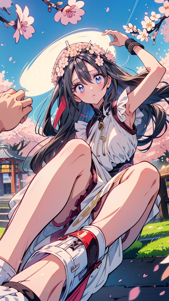 best quality, extremely detailed, anime style adult 1girl, long hair down to the waist, straight hair, ((dark black hair with bluish)),crown braid,beautiful detailed eyes, pinched eyes, dark blue eyes, huge breasts,curvy,(((white main colorful dress))),Active Clothing,Clothing with intricate decorations,((foppery shoes)),animation cap,animated gif,((((Cherry Blossom Park)))),((((pov))))