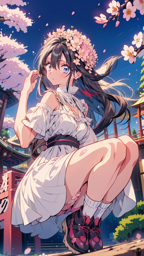 best quality, extremely detailed, anime style adult 1girl, long hair down to the waist, straight hair, ((dark black hair with bluish)),crown braid,beautiful detailed eyes, pinched eyes, dark blue eyes, huge breasts,curvy,(((white main colorful dress))),Active Clothing,Clothing with intricate decorations,((foppery shoes)),animation cap,animated gif,((((Cherry Blossom Park)))),((pov))