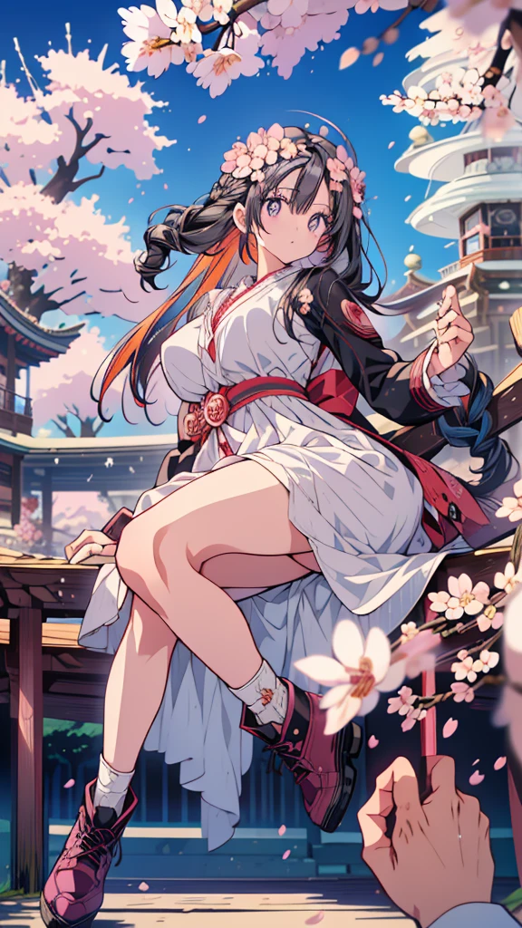 best quality, extremely detailed, anime style adult 1girl, long hair down to the waist, straight hair, ((dark black hair with bluish)),crown braid,beautiful detailed eyes, pinched eyes, dark blue eyes, huge breasts,curvy,(((white main colorful dress))),Active Clothing,Clothing with intricate decorations,((foppery shoes)),animation cap,animated gif,((((Cherry Blossom Park)))),((pov))