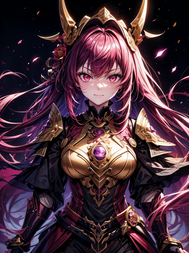 best quality,4K,high resolution),Ultradetailliert,realistisch,portrait, Lila Samurai Sukkubus mit einen katana dunkelrotem Haar, a purple-dark red armor with gold neon lights with gold trim and glowing red eyes, Leuchtende Farben, delicate features, seductive glance, Charming smile, wallende Haare, sanfte Beleuchtung