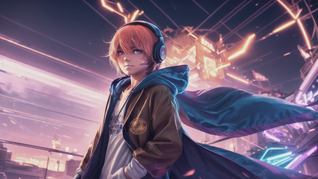 16K, High resolution, RTTX 10.0, Ray Tracing, Neon Lightの明かり, absurdes, Top quality masterpiece, Perfect anatomy and highly detailed face, Fine grain, One young man, alone, Heavy rainy night, A night of record-breaking rain, Sky blue raincoat, Violet Hoodie, Wear a raincoat, Very deep fog, Wear the hood deeply, Wearing a robe, Gaming headphones, Put the headphones around your neck, Large headphones, Very large headphones, Beautiful Hair, Brown eyebrows, Golden eyebrows, Modest eyebrows, inconspicuous eyebrows, Orange eyebrows, Eyebrows are brown, Eyebrows are modest, Light Hair Color, Cut Hair, very beautiful, Edgy, nice, evil aura, Very windy, Glowing Eyes, Rage, Deep hatred, dystopian city, futuristic, Detailed Background, Awards, Neon Light, Blood splatter, fog, Talked about at the art station