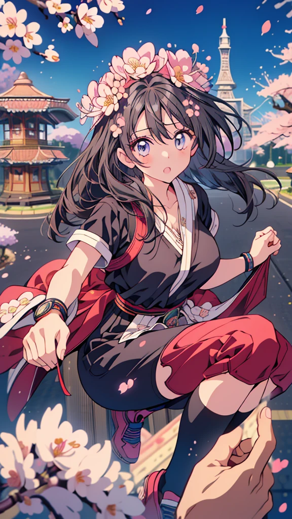 best quality, extremely detailed, anime style adult 1girl, long hair down to the waist, straight hair, ((dark black hair with bluish)),crown braid,beautiful detailed eyes, pinched eyes, dark blue eyes, huge breasts,curvy,(((colorful clothing))),Active Clothing,Clothing with intricate decorations,((foppery shoes)),jumping,animation cap,animated gif,((((Cherry Blossom Park)))),((pov))