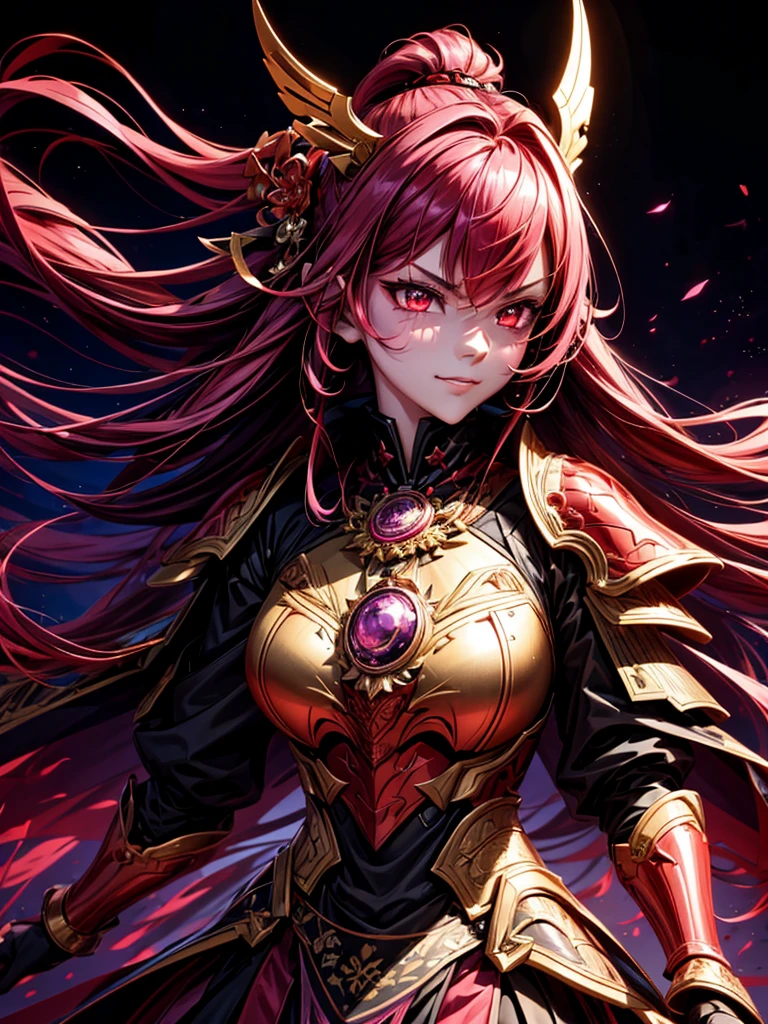 best quality,4K,high resolution),Ultradetailliert,realistisch,portrait, Lila Samurai Sukkubus mit einen katana dunkelrotem Haar, a purple-dark red armor with gold neon lights with gold trim and glowing red eyes, Leuchtende Farben, delicate features, seductive glance, Charming smile, wallende Haare, sanfte Beleuchtung