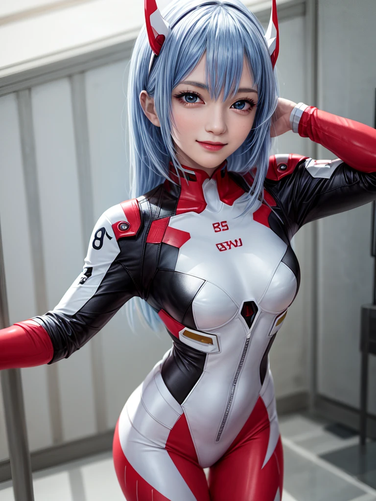 Masterpiece, highest quality, 8K, detailed skin texture, fine cloth texture, beautiful detailed face, intricate details, super detailed, portrait of Rei Ayanami, blue hair, red eyes, looking far away, no background, Evangelion Wearing a plug suit when riding, plug suit, whole body visible, standing, arms crossed, 15 years old, beautiful, cute, great style, smiling,composition that shows the whole body,