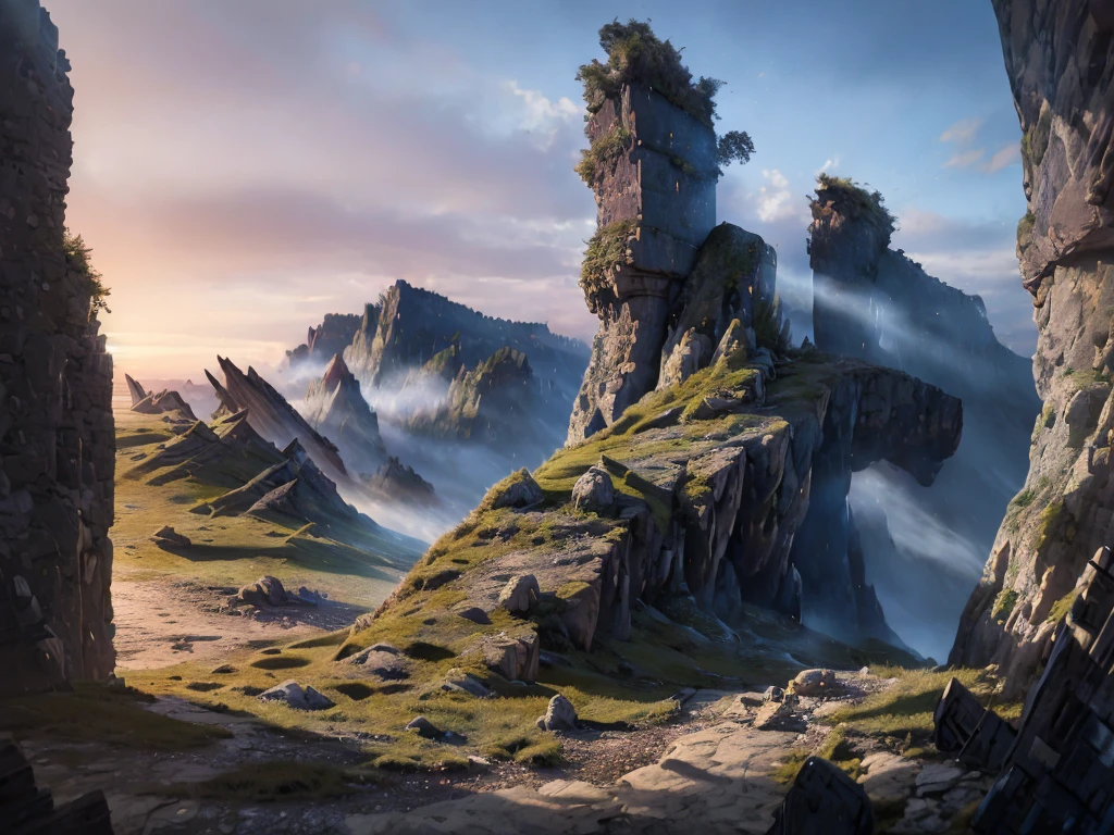 a detailed fantasy landscape, enchanted forests, majestic mountains, inspired by tolkien, in the style of john howe, ruins, ruined fortress, best quality, 4k, 8k, highres, masterpiece:1.2, ultra-detailed, realistic, photorealistic, photo-realistic:1.37, hdr, uhd, studio lighting, ultra-fine painting, sharp focus, physically-based rendering, extreme detail description, professional, vivid colors, bokeh, cinematic